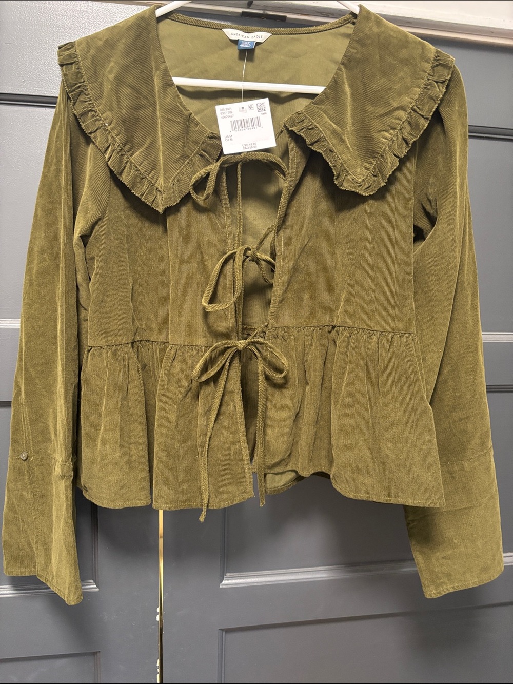 American Eagle Olive Green Corduroy Tie-Front Jacket